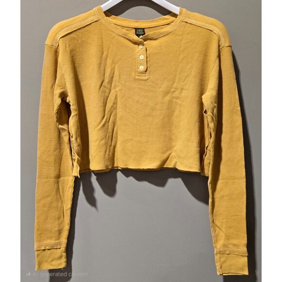 wild fable Tops - Wild Fable Autumn Yellow LS Waffle Knit Cropped Henley Top T-Shirt -- Size Large